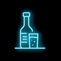 Neon style icon of bottle and glass with beverage on black background vector