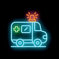 Neon ambulance icon glowing on dark background vector