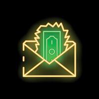 Neon envelope with dollar bill exploding with green flames on black background vector