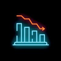 Neon sign depicting a decreasing bar chart with downward arrow on black background vector