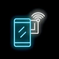 Smartphone connecting to wifi network neon sign on black background vector