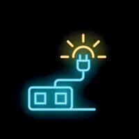 Neon style icon of electric plug connecting to power strip generating light vector