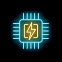 Neon cpu processor glowing with power symbol inside on black background vector