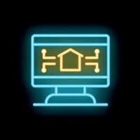 Neon smart home automation system on computer screen icon vector