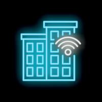 Glowing neon icon of buildings emitting wifi signal on black background vector