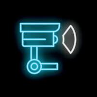 Neon cctv camera detecting motion icon illustration on dark background vector