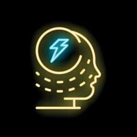 Neon sign of a human head with a lightning bolt inside symbolizing brainstorming vector