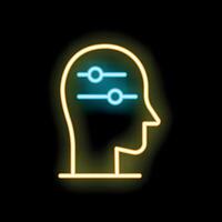 Neon icon of human head profile with settings sliders representing preferences vector
