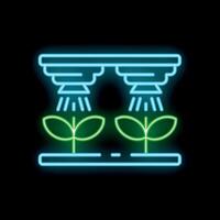 Neon icon of irrigation system watering seedlings growing in row vector