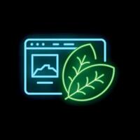 Neon icon of website with leaves representing green hosting and eco friendly web design vector
