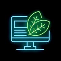 Neon icon of computer showing green leaves symbolizing online ecology information vector