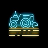 Neon tractor plowing field icon with glowing lines on black background vector