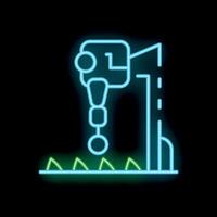Glowing neon line icon, industrial mechanical robot arm working on grass vector