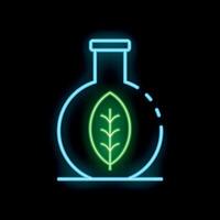 Neon icon of laboratory flask containing green leaf symbolizing bio research vector