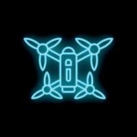 Blue neon sign of a drone flying with its four propellers spinning on black background vector