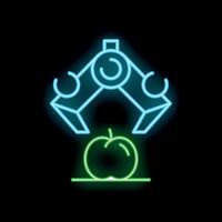 Neon icon of robotic arm picking up apple on black background vector