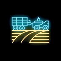 Neon icon of tractor with trailer working on farmland at night vector