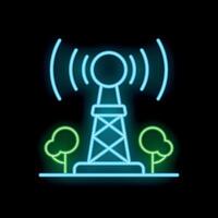 Neon radio tower transmitting signal between trees vector