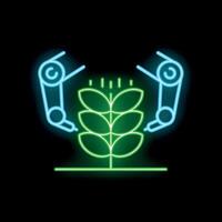 Neon icon of robotic arms holding growing plant for smart farming concept vector