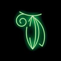 Green neon sign showing three leaves with swirl on black background vector