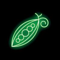 Green neon sign showing open peapod with peas on black background vector