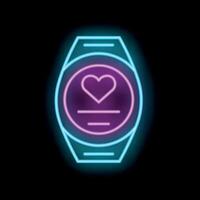 Neon smart watch showing heart rate monitor icon on black background vector