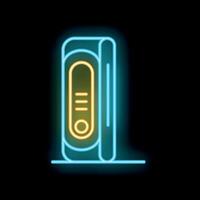 Neon computer case glowing on dark background representing system unit vector