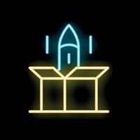 Neon rocket launching from open box on black background vector
