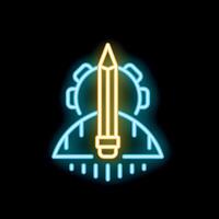 Neon sign of person thinking and generating ideas with pencil and cogwheel vector