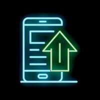 Neon mobile phone with upload arrow sign on black background vector