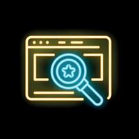 Neon icon of magnifying glass searching for best content marketing strategy vector