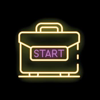 neón maleta brillante con comienzo botón en eso vector
