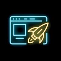 Neon rocket launching from website window on black background vector