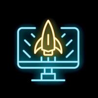Neon rocket launching from computer screen business startup icon vector