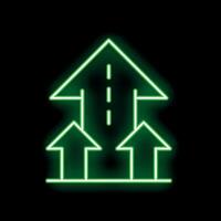 Neon green glowing up arrows merging into one road up arrow on black background vector