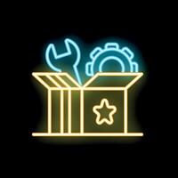 Neon sign of open box with wrench and gear inside vector