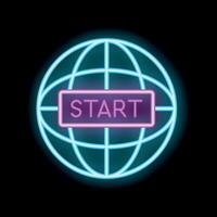 Neon sign showing start button overlaying a world grid on black background vector