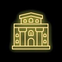 Yellow neon sign of a building with columns and windows on black background vector