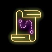 Neon scroll map showing route with pins on black background vector