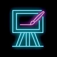 Glowing neon sign of easel with canvas and paintbrush on black background vector