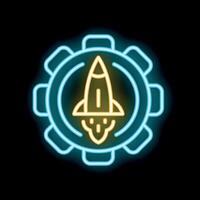 Neon rocket launching from gear mechanism startup business icon vector