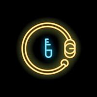 Neon sign showing a key inside a circle on black background vector