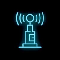 Neon radio tower broadcasting signal on black background vector