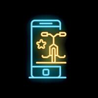 Smartphone showing electric scooter sharing app with neon light effect vector