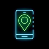 Neon smartphone showing location pin on black background vector