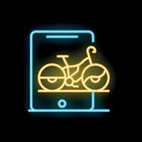 Neon icon of a smartphone showing a bicycle sharing app interface vector