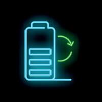 Neon battery icon showing full charge status with recycling symbol vector