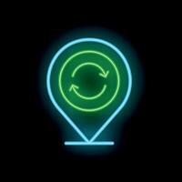 Glowing neon sign depicting recycling location pin on a black background vector
