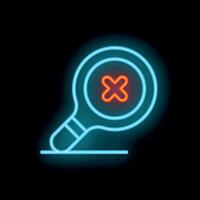 Neon magnifying glass showing a red cross symbol for unsuccessful search vector