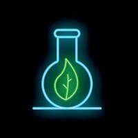 Neon icon of erlenmeyer flask containing green leaf symbolizing bio research vector